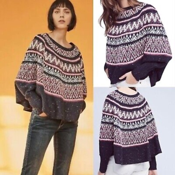 Sleeping On Snow Anthropologie Blue Midland Fair Isle Poncho Sweater Wm XS/SM - Picture 1 of 8